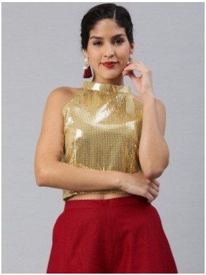 Women Gold Toned Georgette Sequinned Crop Top